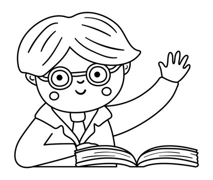 Vector black and white happy schoolboy with hand up. Elementary contour school classroom illustration. Outline clever kid in glasses at the lesson. Line boy ready to answer .
