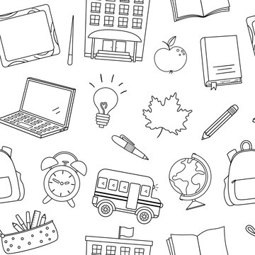 Back to school black and white vector seamless pattern. Educational outline digital paper. Cute line classroom icons background or coloring page with school building, bus, globe, stationery..