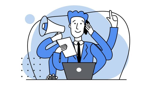 Man with multitasking skills sitting at his laptop. Freelance worker. Metaphor of many hands. Multitasking, time management and productivity concept. 2d flat animation in blue color. Looping video.