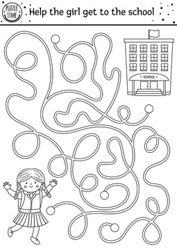 Back to school black and white maze for children. Preschool outline printable educational activity or coloring page. Funny puzzle with cute schoolgirl. Help the girl get to the school. Autumn game.