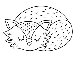 Cute black and white sleeping fox. Vector outline autumn character isolated on white background. Fall season line woodland animal icon for print, sticker, postcard.  Funny forest illustration..