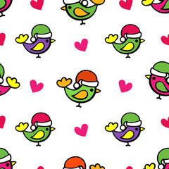 Colored birds in a hat Santa Claus and hearts on a white background. Christmas print concept. Seamless pattern for printing on textiles, packaging. Vector, illustration