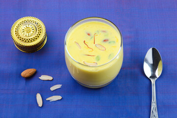 Badam milk or Almond milk prepared with almonds, saffron and milk