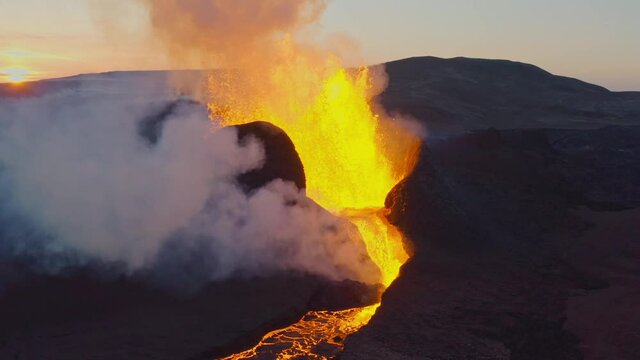 Lava Erupting Fagradalsfjall Volcano At Sunset In Reykjanes Peninsula, Iceland