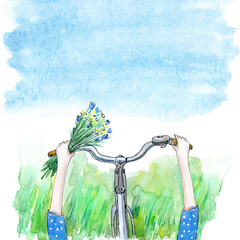 Bicycle and bouquet of daisies.Watercolor hand drawn illustration. - 444318522