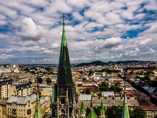 Fototapeta premium Church of Sts. Olha and Elizabeth, Lviv aerial panorama of the city