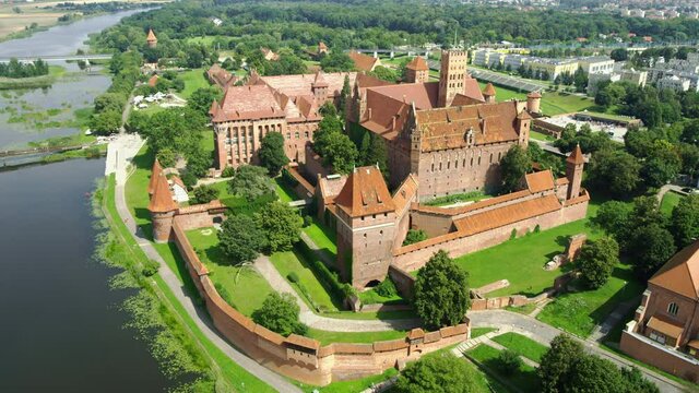 Aerial view of the Teutonic castle in Malbork. Located by the River Nogat, summer day view