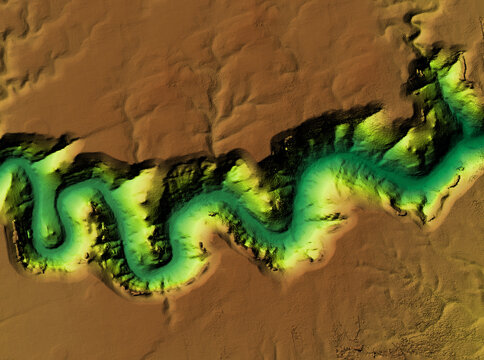 Digital elevation model. GIS product made after proccesing aerial pictures taken from a drone. It shows high rocky and steep canyon