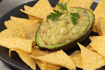 Delicious mexican food guacamole and nachos, close up.