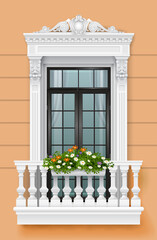 Classic balcony on the facade with a door
