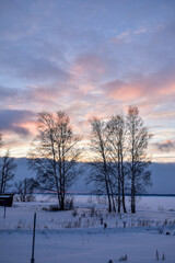Beautiful sunset on the Volga in winter