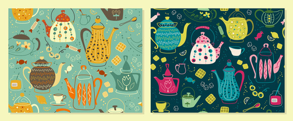 Fototapeta na wymiar Teapots and coffee pots - set of Seamless patterns. Vector Background for fabric, textile, wallpaper, posters, gift wrapping paper, napkins, tablecloths. Print for kids, baby, children