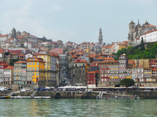 River bank view of colorful buildings Old Town Porto Portugal