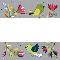 Birds and summer flowers in flat style - frame, poster, banner, card, template. Summer mood.