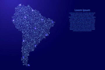 South America map from blue and glowing stars icons pattern set of SEO analysis concept or development, business. Vector illustration.