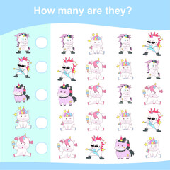 Counting unicorn game for children. Cute unicorn math worksheet. Unicorn math game. Educational printable math worksheet. Additional math for kids. Vector illustration in cartoon style. 