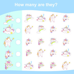 Counting unicorn game for children. Cute unicorn math worksheet. Unicorn math game. Educational printable math worksheet. Additional math for kids. Vector illustration in cartoon style. 