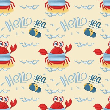 Pattern hello sea with crab on holiday on the beach