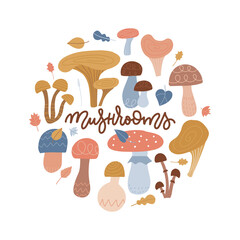 Round frame with forest mushrooms. Circle composition for card, banner or placard. Collection of different abstract mushrooms with roots. Isolated Vector flat hand drawn illustration with lettering 