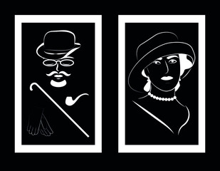 Lady and gentleman, WC simbol in frame. Icon for toilet. Black and white