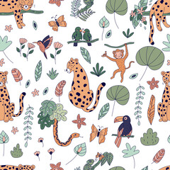 Seamless pattern with cute jungle animals. Rainforest exotic plants and flowers. Doodle cartoon leopards, monkey, toucan, parrots, chameleon, hummingbird and snake on white background.