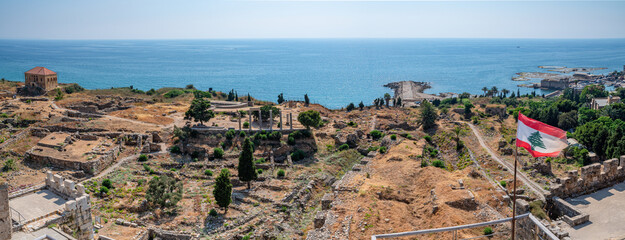 Remains of crusader fortress and ancient ruins in Byblos, Lebanon - obrazy, fototapety, plakaty