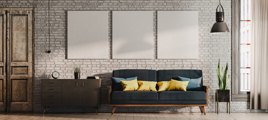 Loft living room interior with blank poster frames above sofa – 3D rendering for canvas or artwork mockup © guteksk7