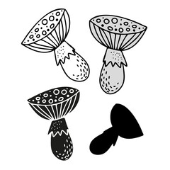 Vector isolated black and white design of abstract mushroom lined and silhouette