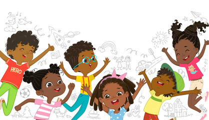 A group of African American boys and girls play together, jumping and dancing fun against the background of the wall with children drawings. Long banner. Funny cartoon characters. Vector illustration - 444327188