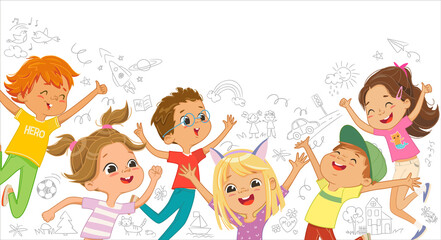 A group of Caicasian boys and girls play together, jumping and dancing fun against the background of the wall with children drawings. Long banner. Funny cartoon characters. Vector illustration - 444327300