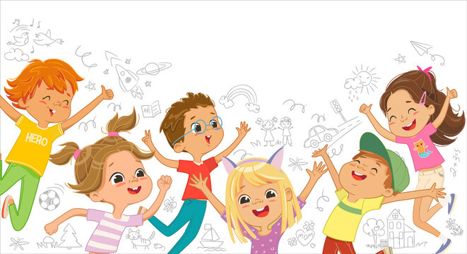 A group of Caicasian boys and girls play together, jumping and dancing fun against the background of the wall with children drawings. Long banner. Funny cartoon characters. Vector illustration