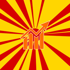 Chart up symbol on a background of red flash explosion radial lines. The large orange symbol is located in the center of the sun, symbolizing the sunrise. Vector illustration on yellow background