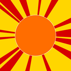 Circle on a background of red flash explosion radial lines. The large orange symbol is located in the center of the sun, symbolizing the sunrise. Vector illustration on yellow background
