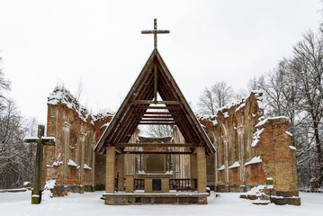 Ruins of St. Anthony's Church - the former parish church located in the village of Jalowka - obrazy, fototapety, plakaty