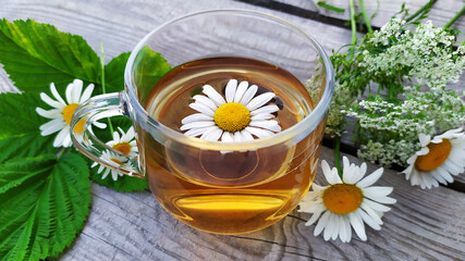 Obraz na płótnie Canvas Chamomile tea. Flowers, leaves and a cup with tea on a wooden background. Drink with chamomile flowers.
