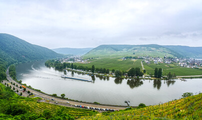 Wide angle Moselle River bend with ship