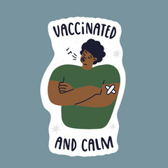 African American calm vaccinated man whistling a song. Afro man vaccinated with a plaster on his arm. Vector isolated fully editable illustration.