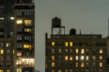Manhattan buildings at night. NYC skyline.