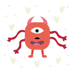 Happy Halloween. Red monster of a rectangular silhouette. One eye, horns, a smile, four hands. Cute cartoon kawaii scary funny childish character. White background. Flat and vector illusion.