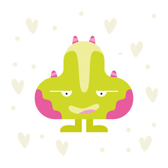 Happy Halloween. A green monster like a cactus with horns, crooked teeth. Cute cartoon kawaii scary funny childish character. White background. Flat and vector illusion.