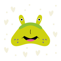 The green monster is like a turtle. Children's character, cartoon, wallpaper, textiles. Vector illustration.