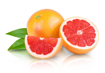 Ripe juicy sweet grapefruit and grapefruit slices isolated on white background. Fresh fruits.
