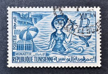 Cancelled postage stamp printed by Tunisia, that shows Monastir and siren, circa 1959.