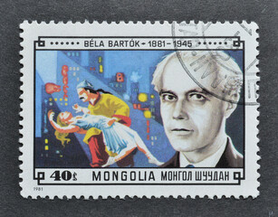 Cancelled postage stamp printed by Mongolia, that shows Bela Bartok, circa 1981.