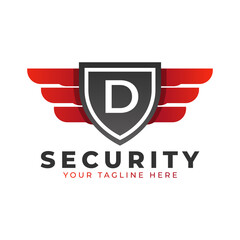 Security Logo. Initial D with Wings and Shield Icon. Car and Automotive Vector Logo Template