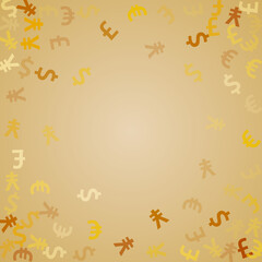 Euro dollar pound yen golden icons scatter currency vector background. Commerce pattern. Currency