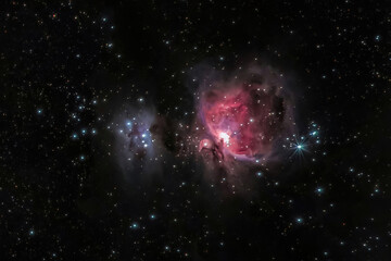 Great Orion Nebula M42 with Galaxy, Open Cluster, stars and space dust in the universe, astrophotography