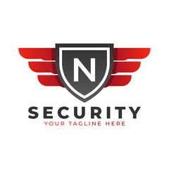 Security Logo. Initial N with Wings and Shield Icon. Car and Automotive Vector Logo Template