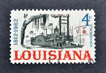 Cancelled postage stamp printed by USA, that shows Steam Ship , circa 1962. - obrazy, fototapety, plakaty