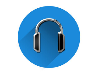 Metallic headphone icon with metal look on blue circle 